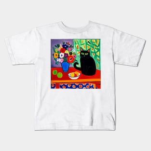 Cute Black Cat with Fruit and Flowers Still Life Painting Kids T-Shirt